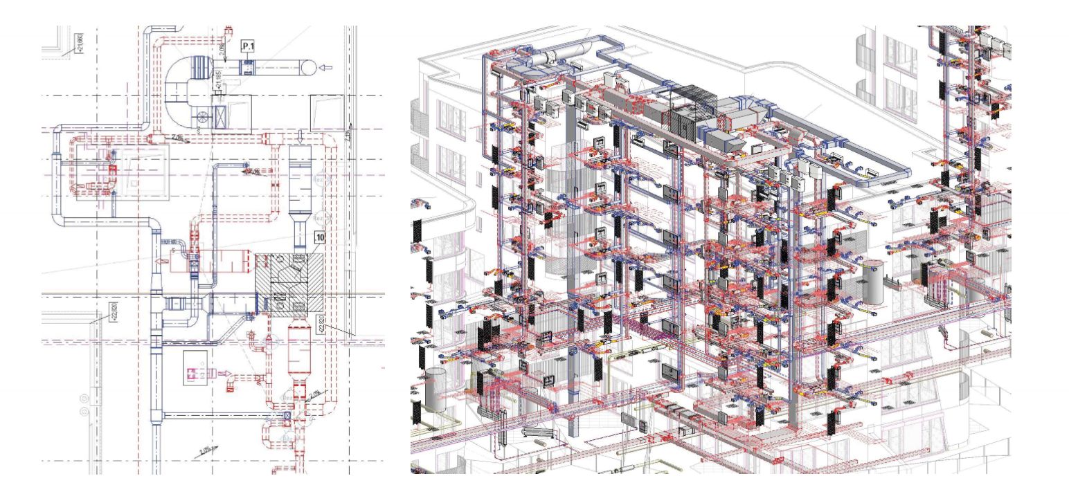 LI-VI Praha, model VZT a vytápění Půdorys a 3D BIM model vzduchotechniky a vytápění bytových domů Radlice v Autodesk Revitu